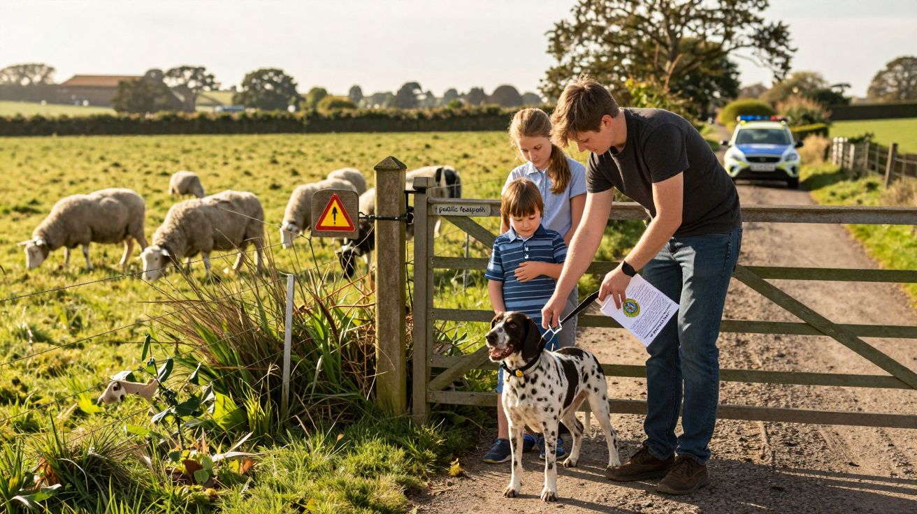 Mężczyzna i dwoje dzieci z dalmatyńczykiem przy drewnianej furtce na tle łąki z owcami.