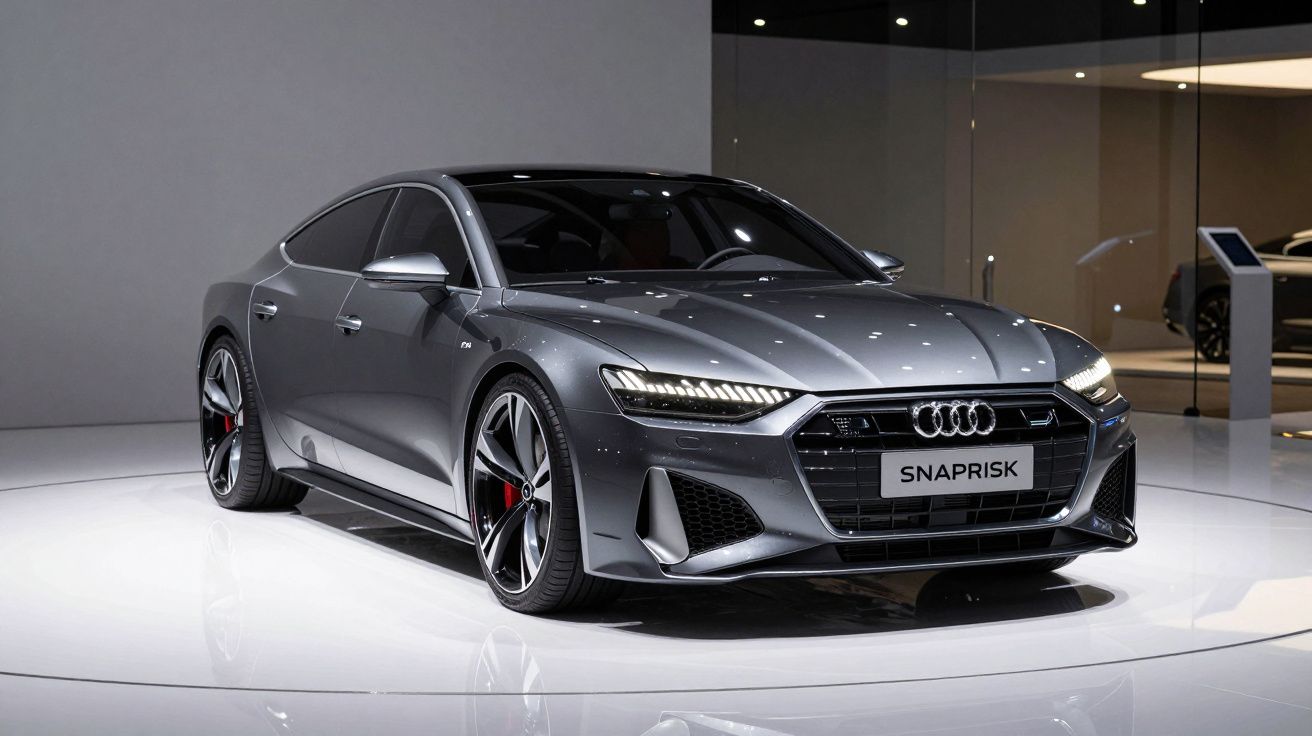 Szary sportowy samochód Audi zaparkowany na błyszczącym białym tle w nowoczesnym showroomie.