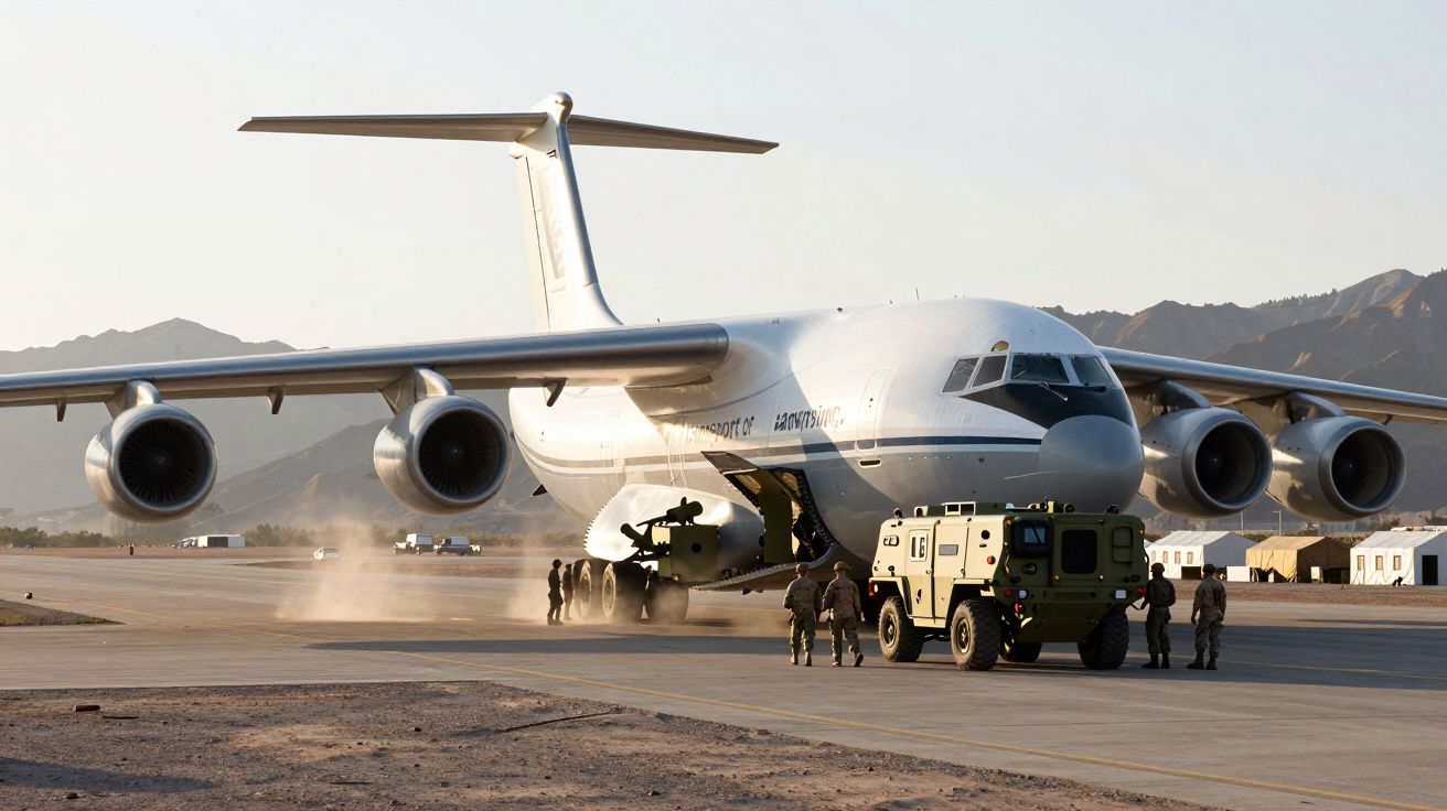 Duży samolot transportowy wojskowy na pasie startowym, żołnierze i pojazd opancerzony w pobliżu.