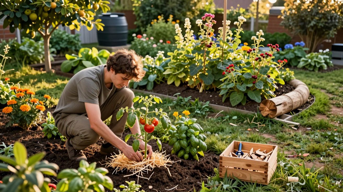 Mężczyzna pielęgnujący roślinę pomidora w ogrodzie pełnym kwiatów i zieleni w słoneczny dzień.