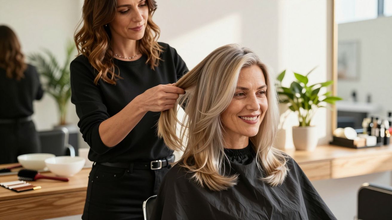 Fryzjerka czesze uśmiechniętą kobietę w salonie fryzjerskim z lustrzanym odbiciem w tle.