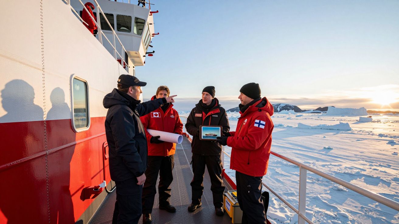 Czterech badaczy w kurtkach polarowych rozmawia na pokładzie statku badawczego na tle lodowej krainy podczas zachodu słońca.