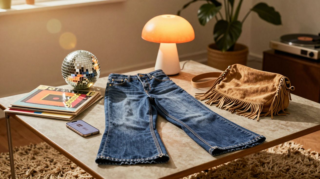 Spodnie dżinsowe na stole obok torebki, lampy, winylów, telefonu i świecącej kuli dyskotekowej.