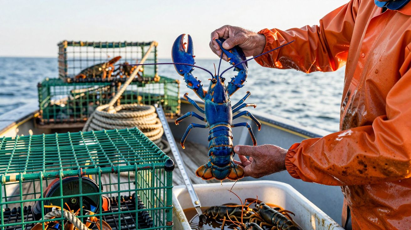 Ręce rybaka w pomarańczowej kurtce trzymającego niebieskiego homara na łodzi z pułapkami na homary i wodą.