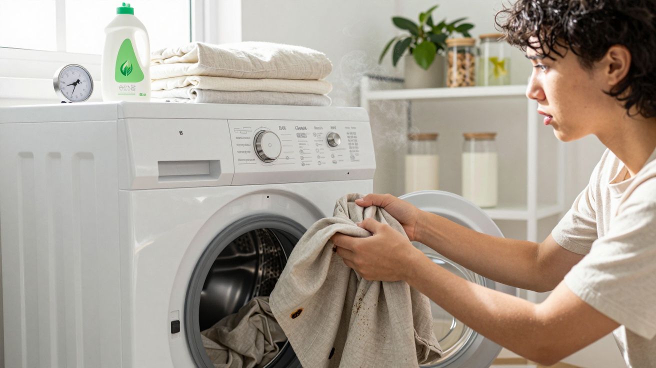 Osoba wyciąga brudne ubrania z pralki w jasnym, domowym pomieszczeniu z detergentem na pralce.
