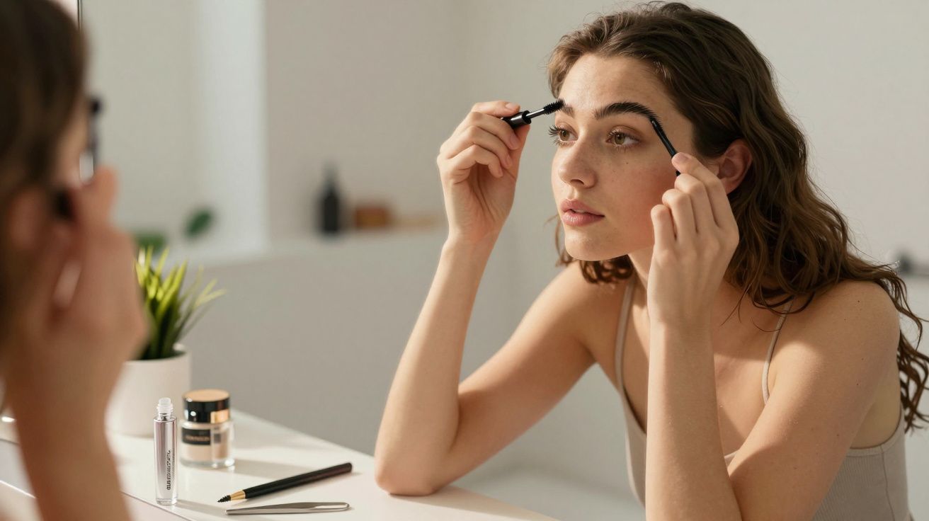 Młoda kobieta maluje brwi, patrząc w lustro, na białym tle z kosmetykami na stole.