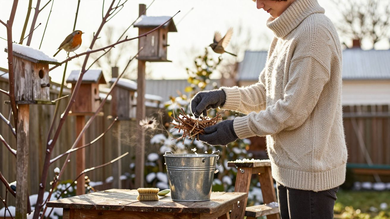 Kobieta w beżowym swetrze i rękawiczkach przygotowuje gałązki przy budkach lęgowych dla ptaków zimą.