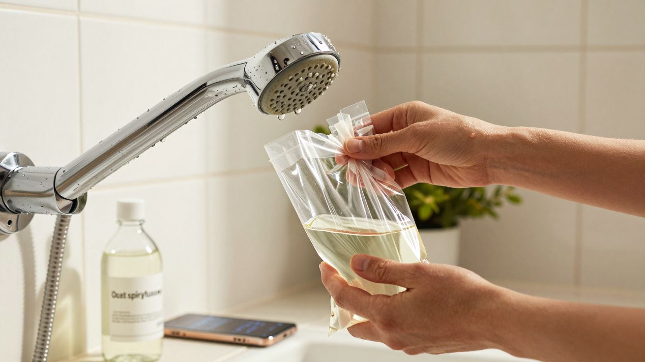 Dłoń trzyma plastikową torebkę z płynem pod prysznicem, na tle butelki i telefonu.