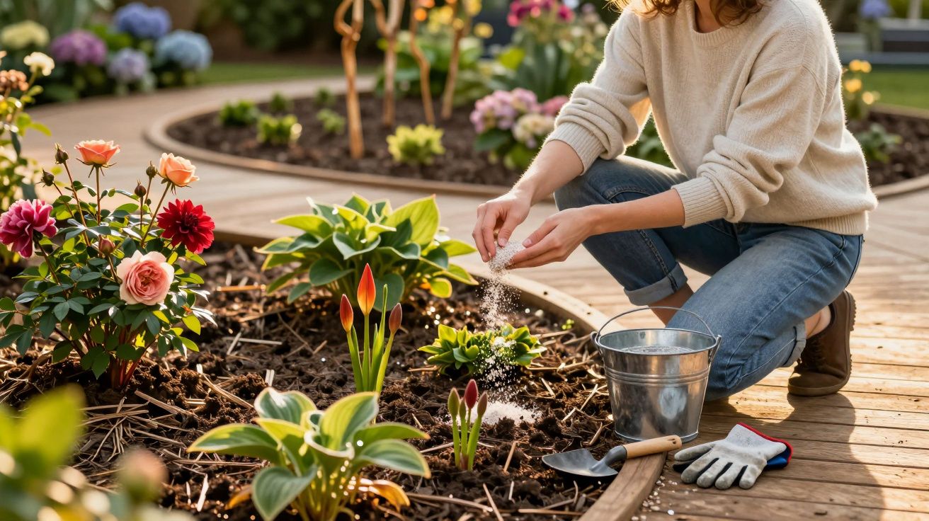 Kobieta sypiąca nawóz na grządkę z kwiatami w ogrodzie, obok metalowe wiadro i rękawice.