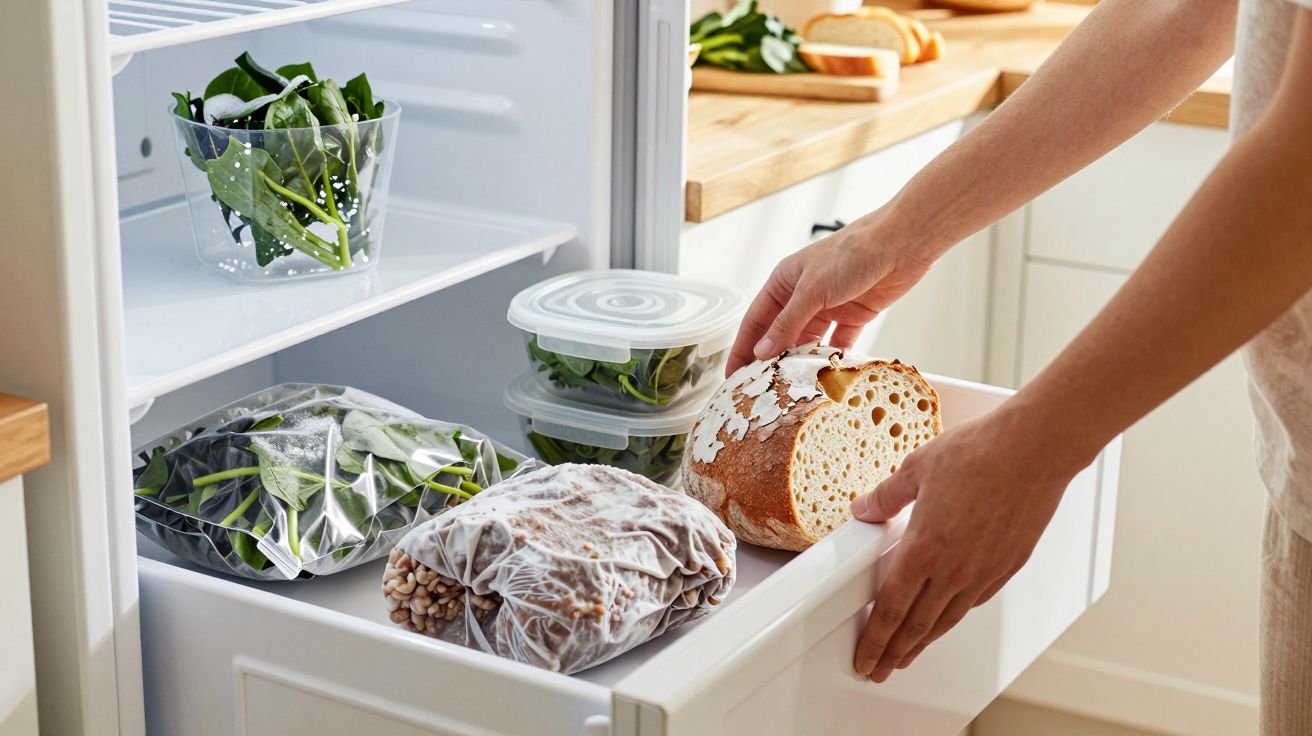 Otwarta lodówka z warzywami, chleba i rękami osoby wyjmującej bochenek chleba.