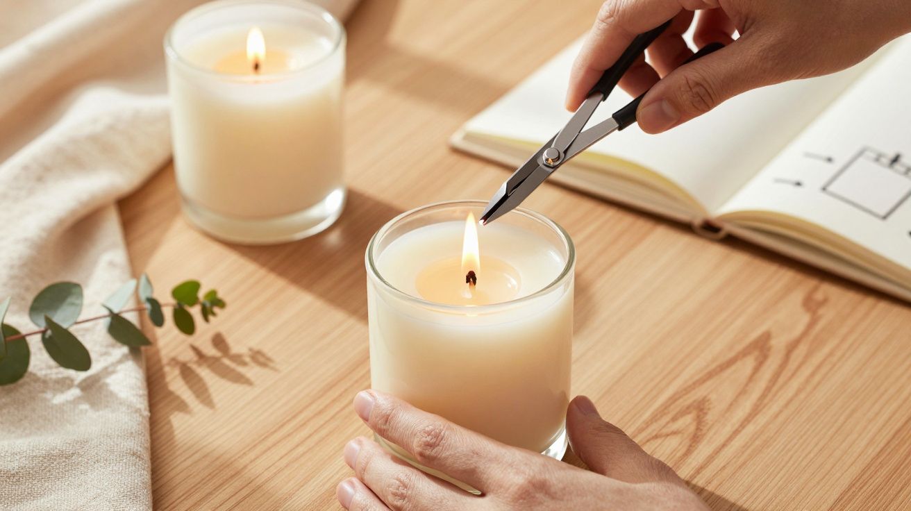Ręce przycinające knot zapalonej świecy w szklanym naczyniu na drewnianym stole z drugą świecą i notesem.