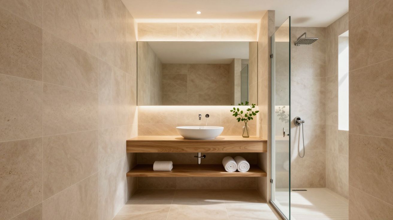 Nowoczesna łazienka z drewnianą umywalką, dużym oświetlonym lustrem i przeszklonym prysznicem.