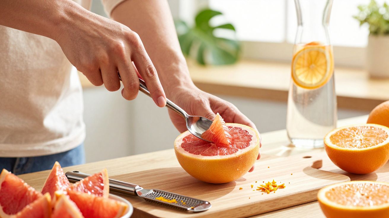 Osoba wydrąża miąższ grejpfruta łyżką na drewnianym blacie kuchennym przy naturalnym świetle.