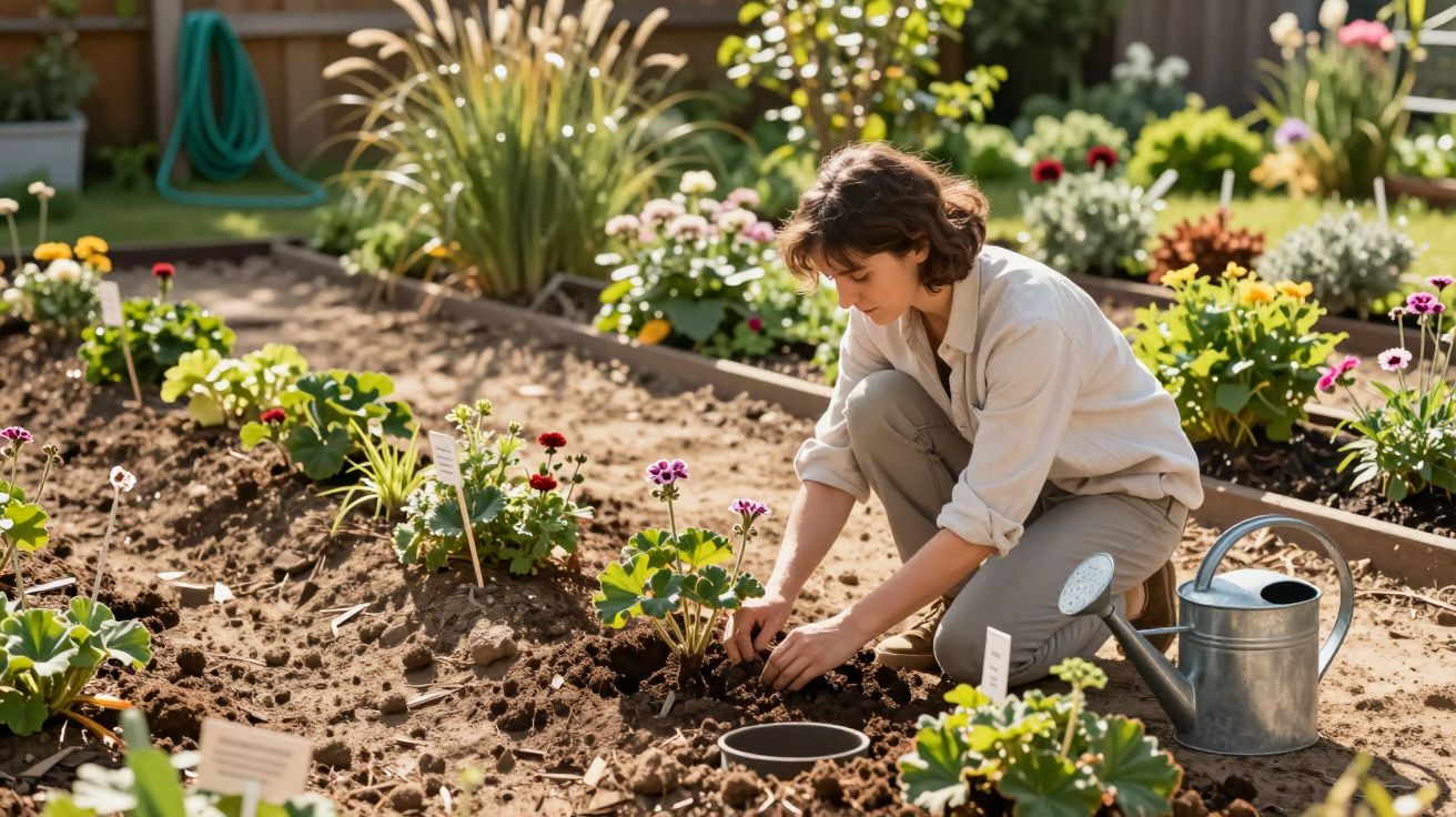 Młoda osoba sadzi kwiaty w ogrodzie, obok stoi konewka, wokół rosną kolorowe rośliny.