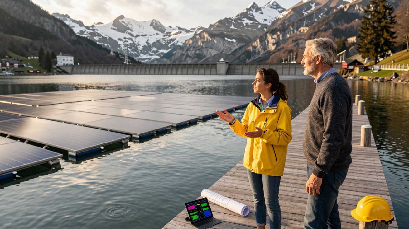 Dwie osoby rozmawiają przy platformie z panelami słonecznymi na jeziorze w górskim krajobrazie.