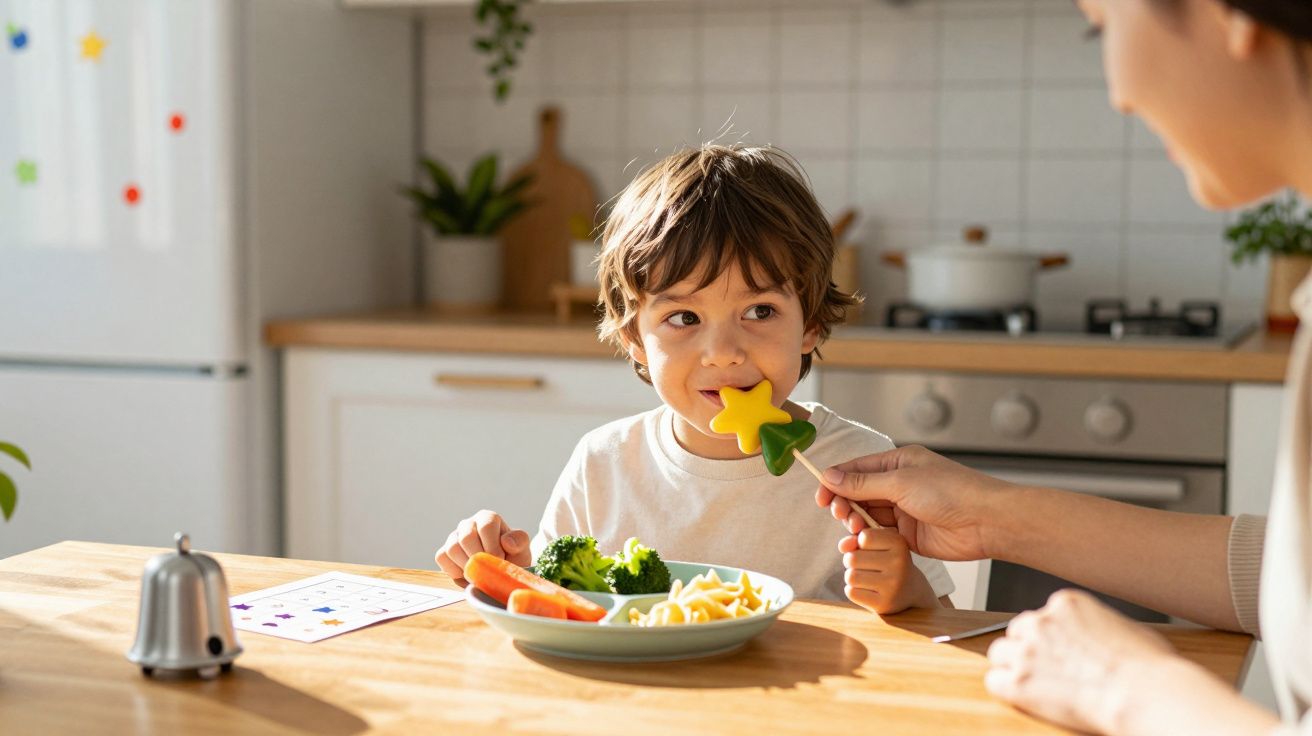 Chłopiec siedzi przy stole w kuchni i je warzywa podawane na patyczku przez dorosłą osobę.