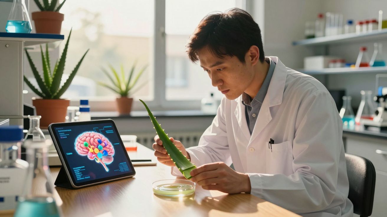 Mężczyzna w białym fartuchu bada liść aloesu w laboratorium z modelem mózgu na tablecie obok.