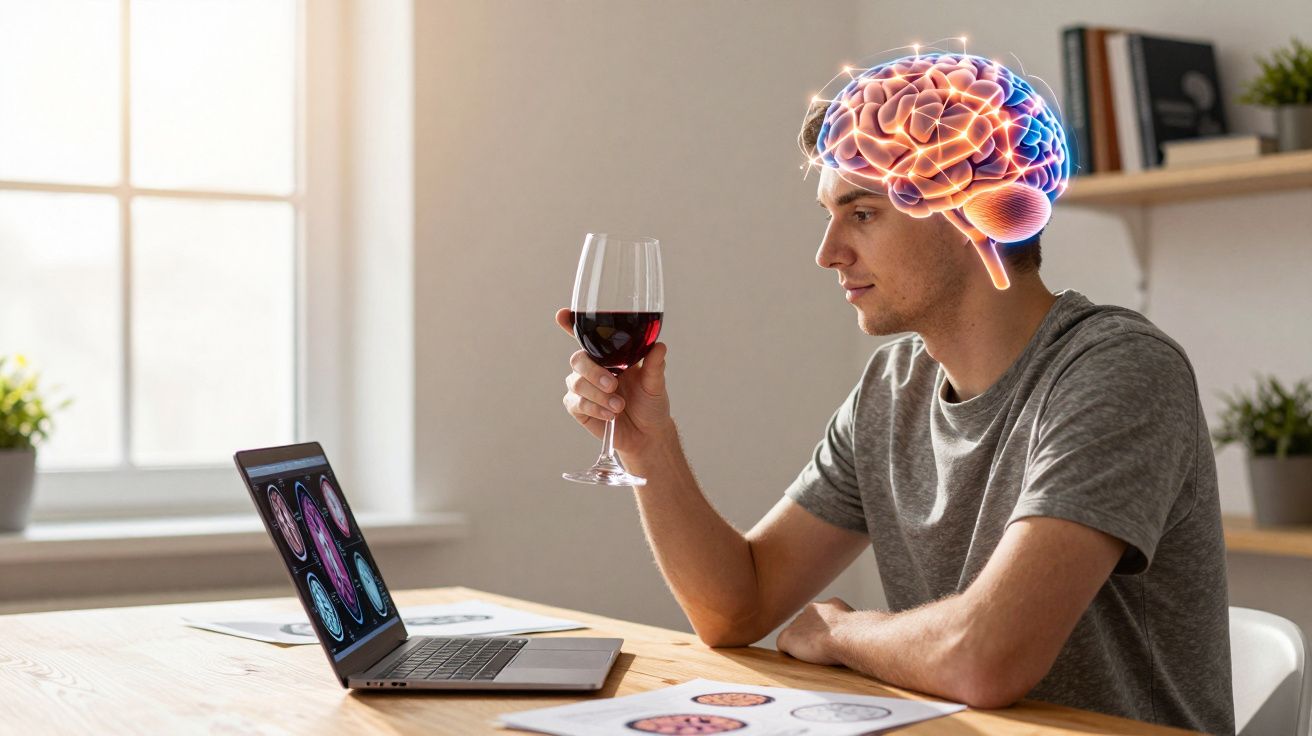Mężczyzna siedzący przy stole z laptopem, trzymający kieliszek czerwonego wina, z nałożoną grafiką mózgu.