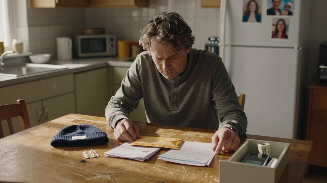 Mężczyzna siedzi przy stole w kuchni, przeglądając dokumenty i kopertę z lekami i czapką na stole.