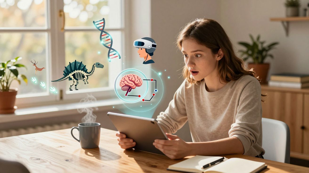 Młoda kobieta używająca tabletu, wokół niej hologramy DNA, mózgu, dinozaura i wirtualnej rzeczywistości.