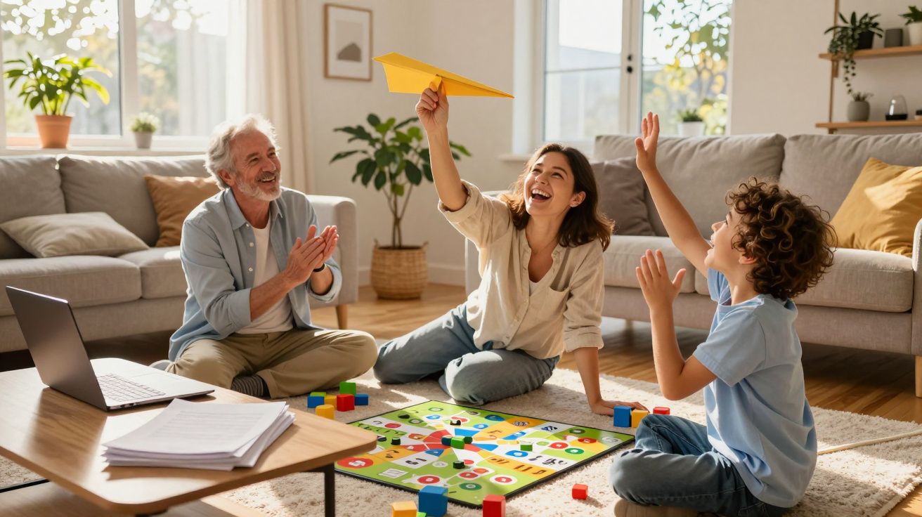 Rodzina gra w planszową grę, dziewczyna puszcza papierowy samolot, wszyscy uśmiechnięci w salonie.