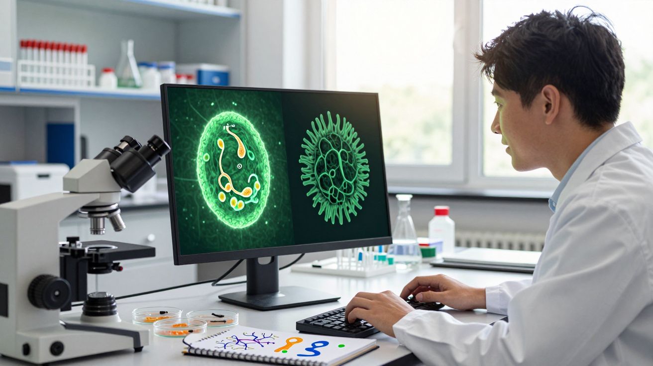 Naukowiec analizujący zdjęcia wirusów na monitorze w laboratorium mikroskopowym.
