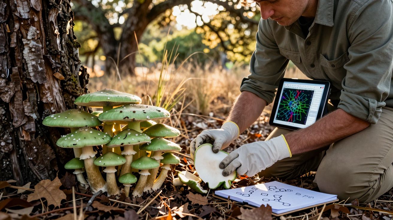 Badacz w rękawiczkach bada grzyby w lesie, obok notes i tablet z wykresami.