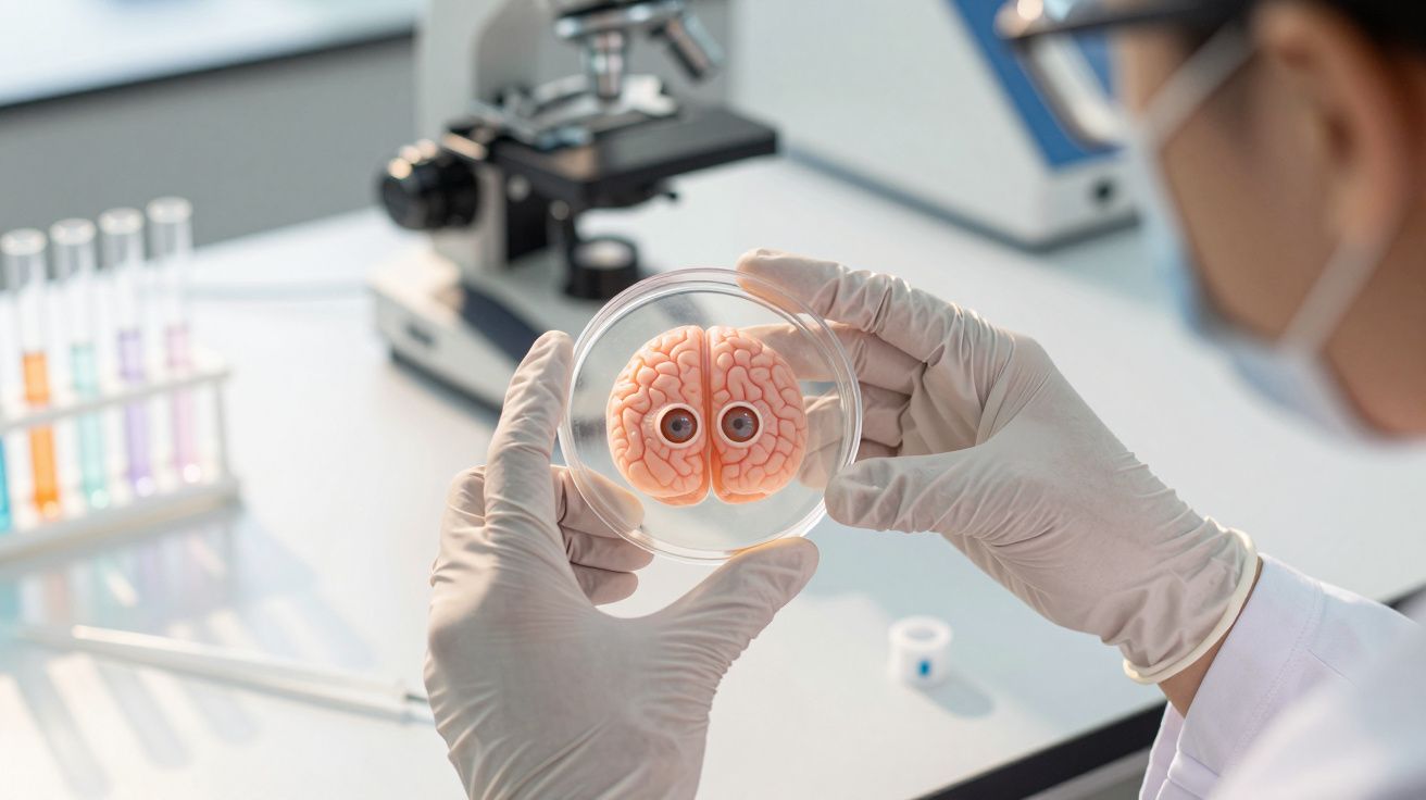 Naukowiec w laboratorium trzyma szalkę Petriego z modelem mózgu z oczami, w tle mikroskop i próbki.