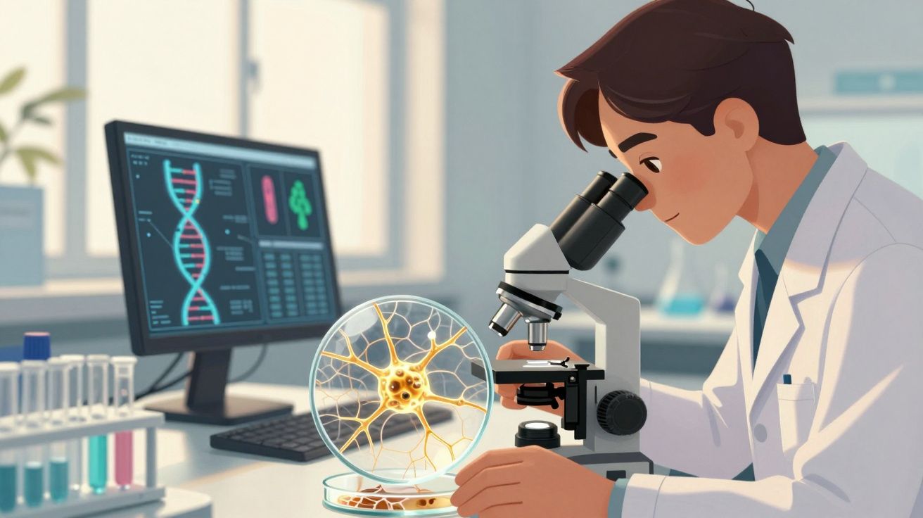 Naukowiec w białym fartuchu bada komórkę nerwową przez mikroskop w nowoczesnym laboratorium.