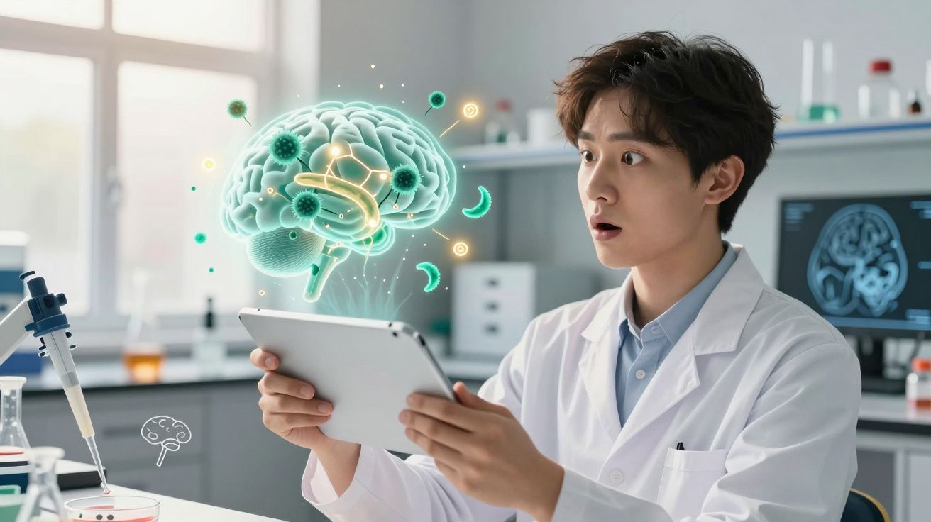 Naukowiec w laboratorium analizujący cyfrowy hologram mózgu na tablecie zaskoczony odkryciem.