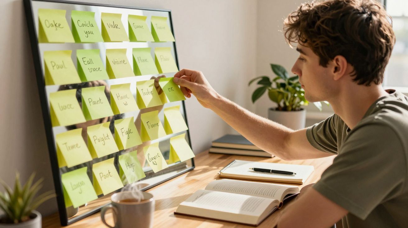 Młody mężczyzna przy biurku przegląda karteczki samoprzylepne na lustrze, wokół książki, kubek i rośliny.