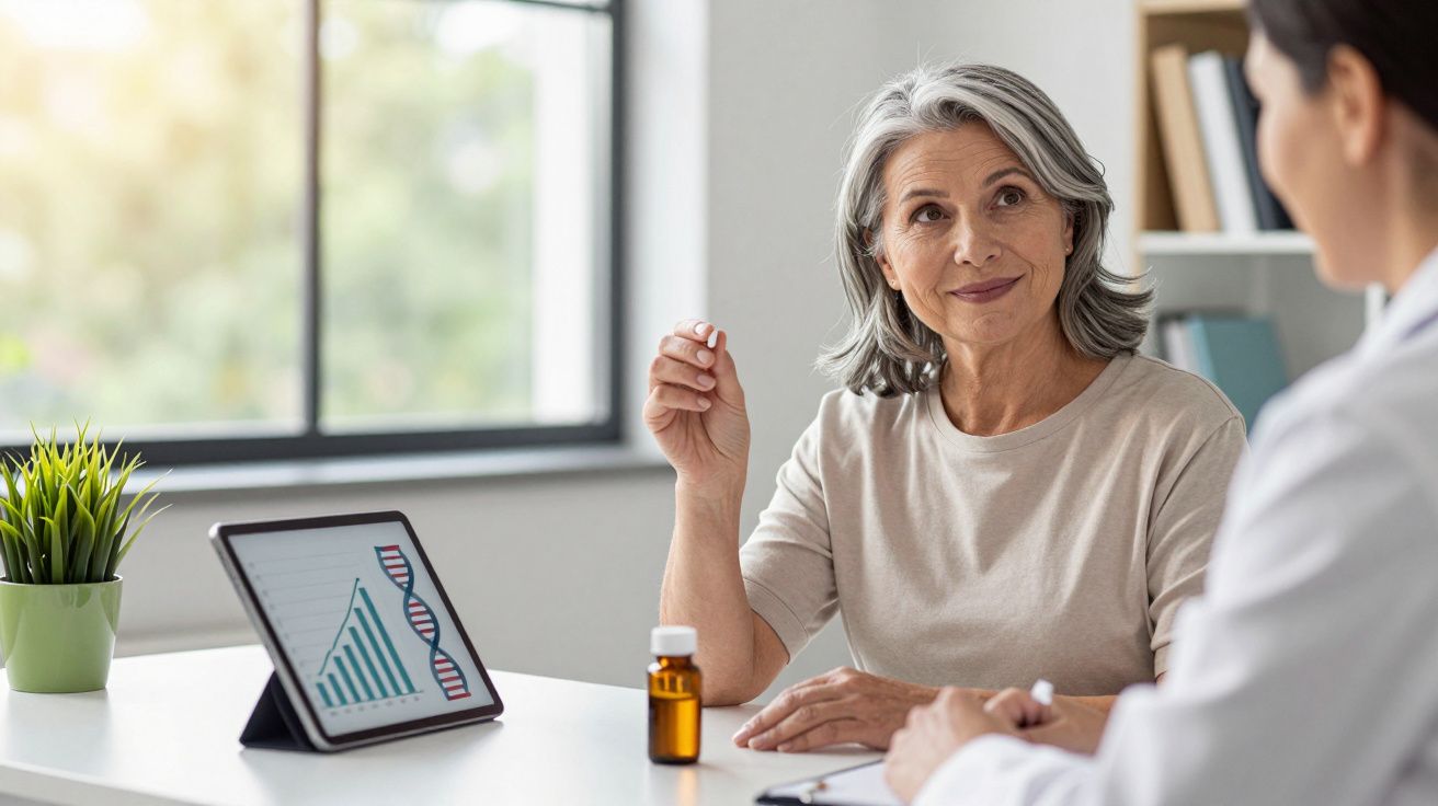 Starsza kobieta rozmawia z lekarzem przy biurku z tabletem i lekiem.