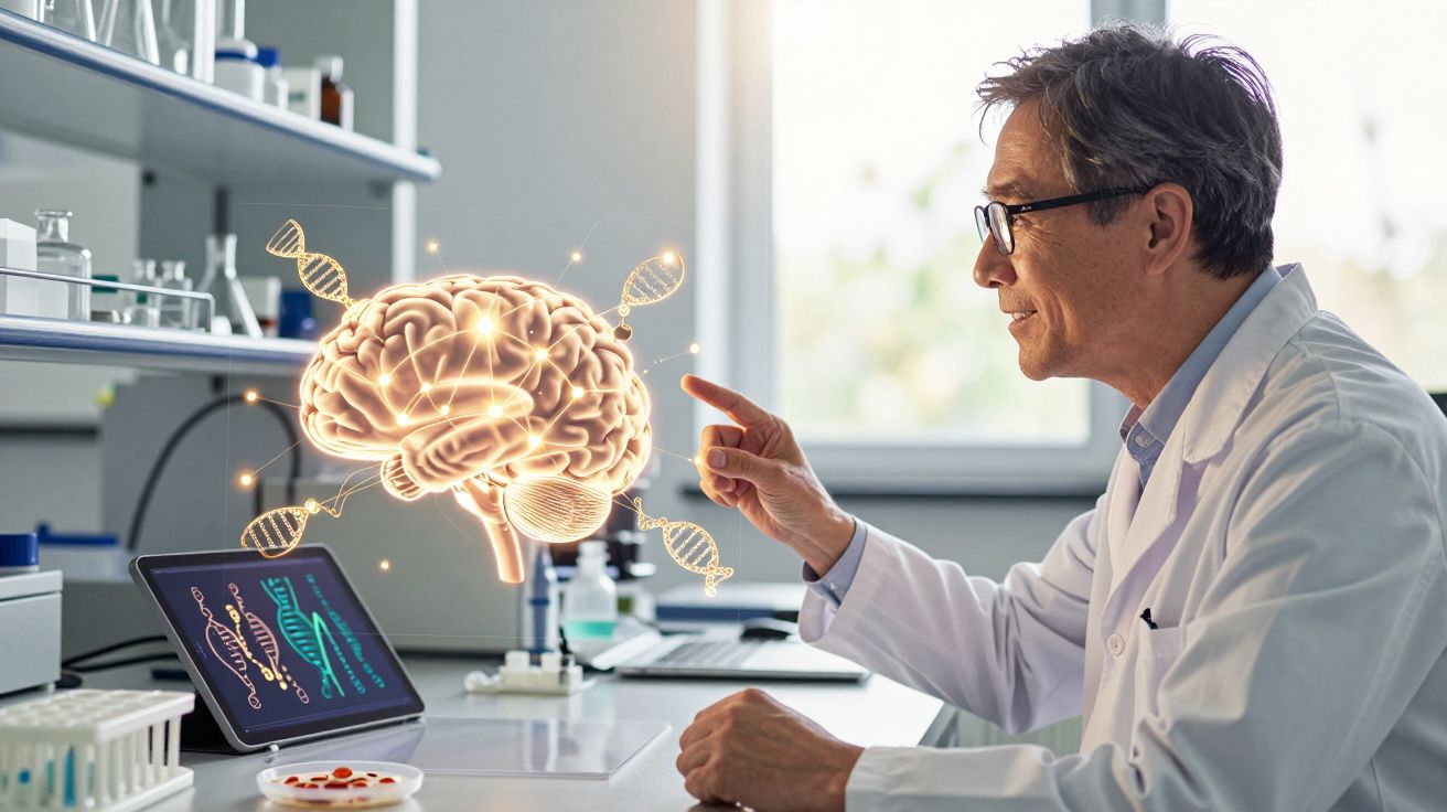 Naukowiec w laboratorium analizujący holograficzny model mózgu i sekwencje DNA na tablecie.