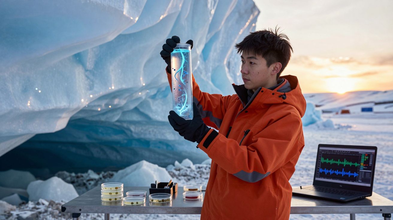 Naukowiec badający próbkę w przezroczystym pojemniku na tle lodowca i zachodu słońca.