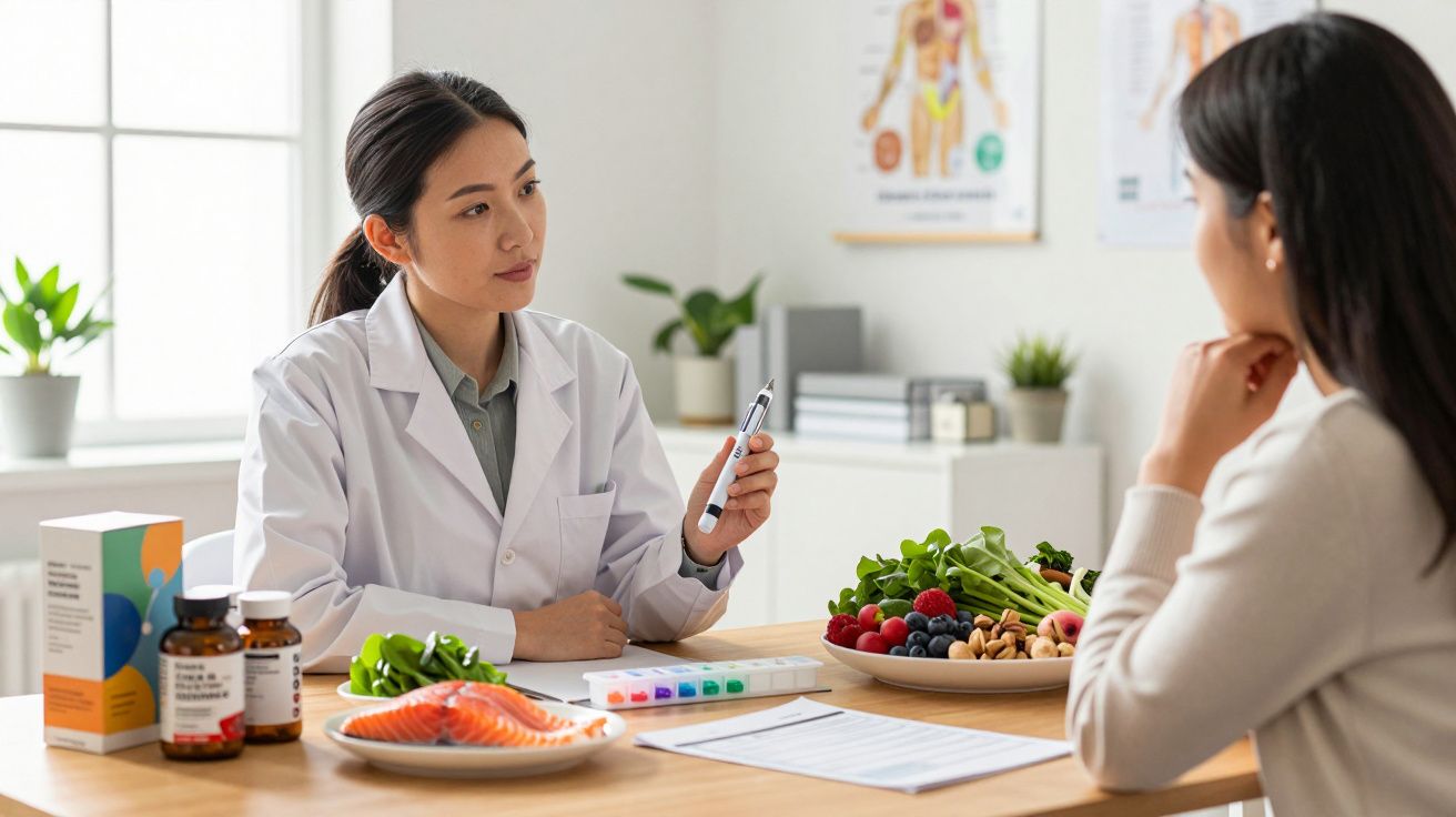 Dietetyk rozmawia z pacjentką o zdrowym odżywianiu na tle warzyw, owoców i suplementów diety.