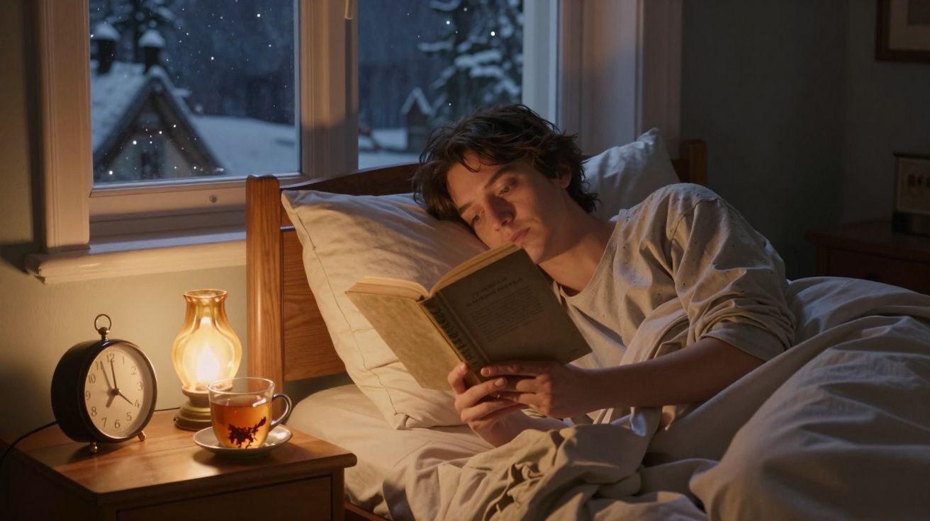 Młoda osoba czytająca książkę w łóżku przy lampce i herbacie nocą, za oknem śnieg.