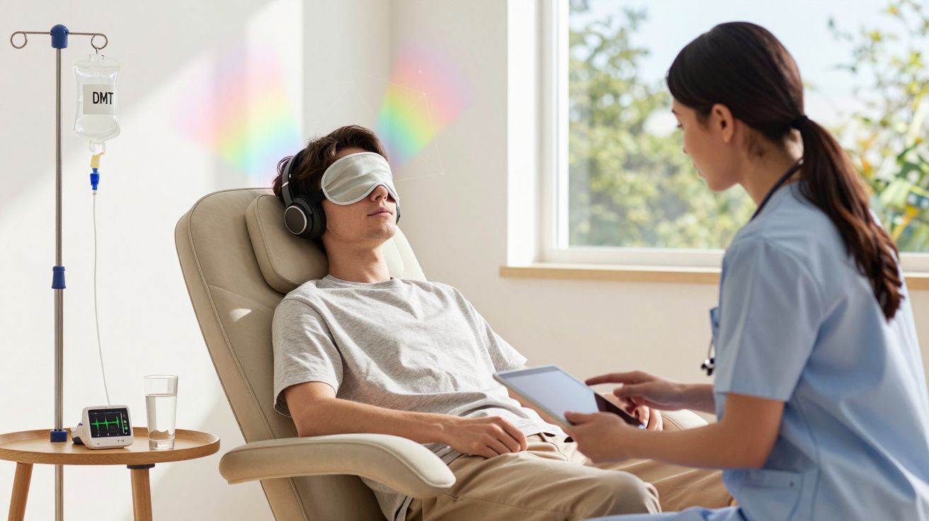 Mężczyzna z opaską na oczach i słuchawkami odpoczywa podczas terapii, pielęgniarka trzyma tablet.