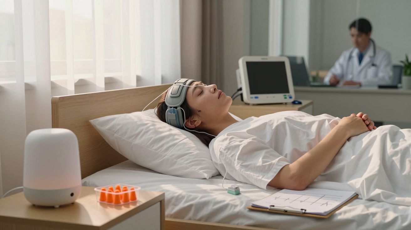 Kobieta leżąca z elektrodami na głowie podczas badania EEG, lekarz w tle analizuje wyniki.