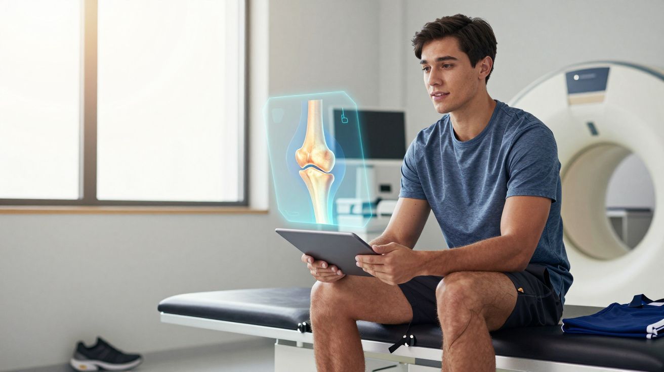 Mężczyzna z tabletem analizujący holograficzny obraz stawu kolanowego w gabinecie medycznym.