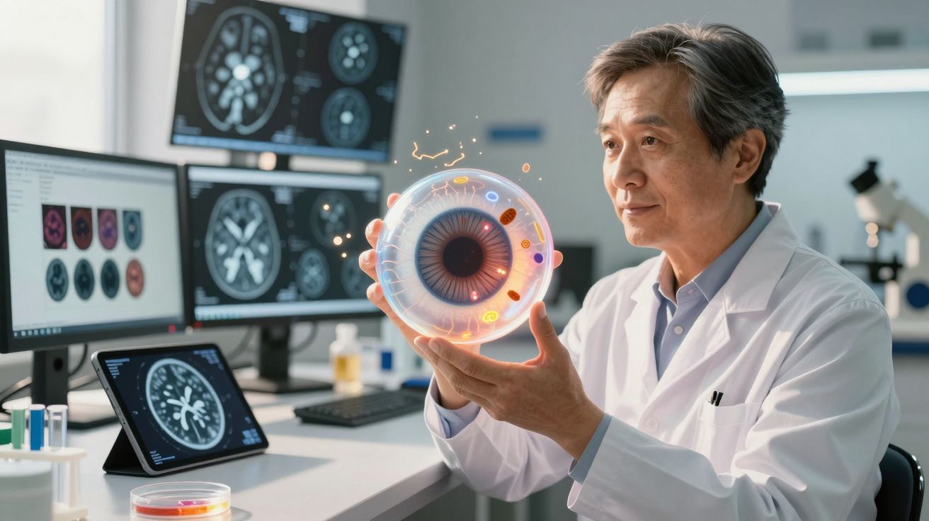Naukowiec w laboratorium analizujący detaliczny model ludzkiego oka z mózgu na monitorach.
