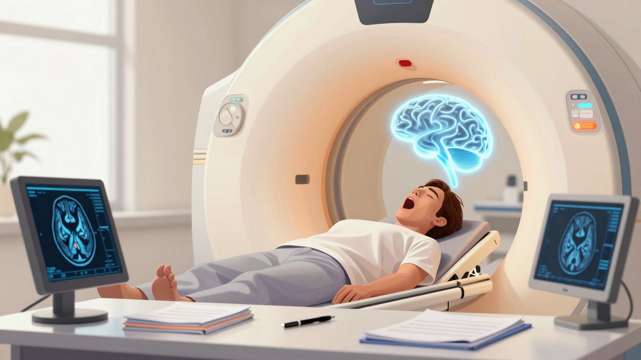 Pacjent podczas badania rezonansem magnetycznym mózgu w laboratorium medycznym.