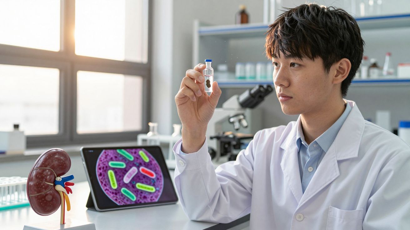 Młody naukowiec analizujący próbkę bakterii w laboratorium medycznym z modelem nerki i mikroskopem.