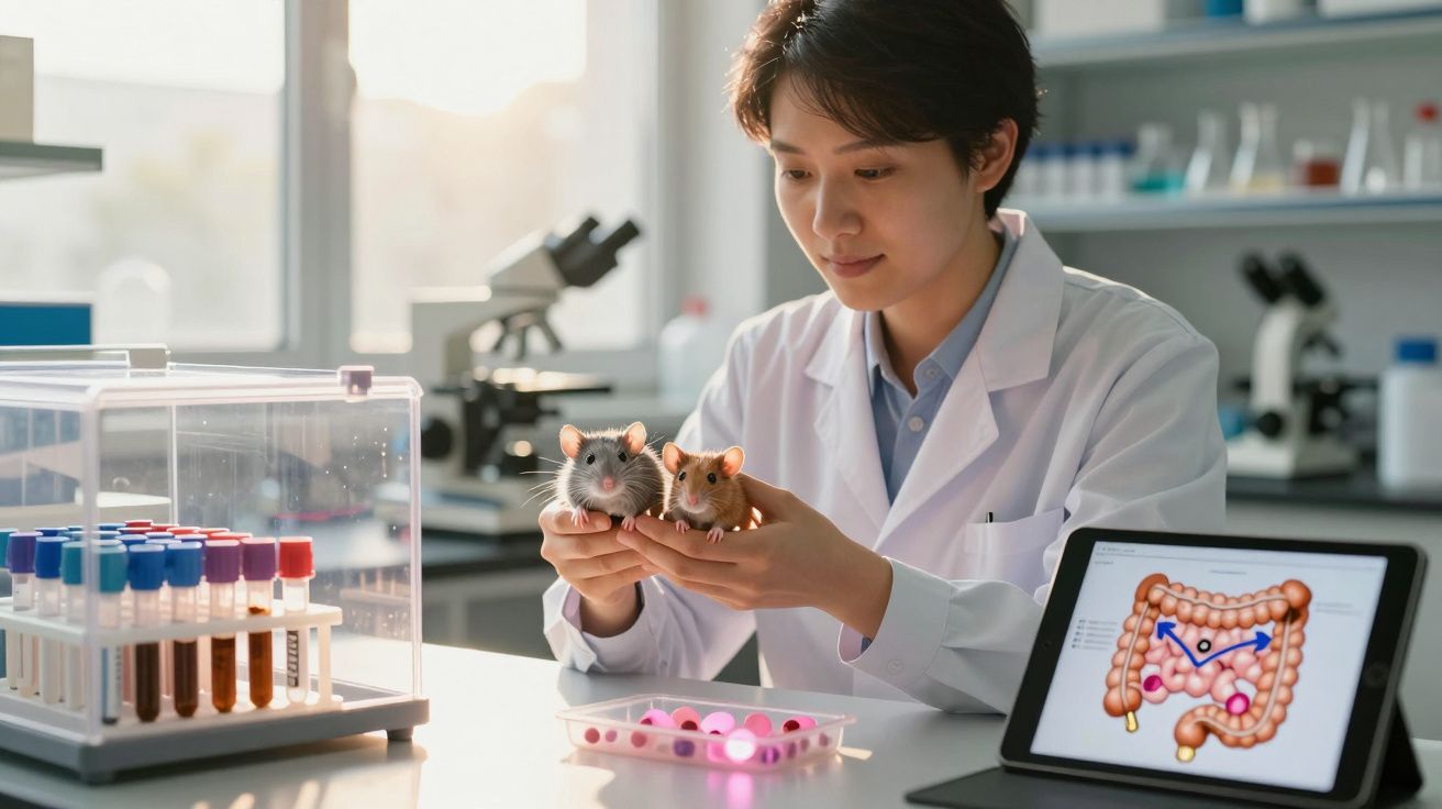 Naukowiec w laboratorium trzyma dwie myszy, obok probówki i tablet z diagramem jelit.