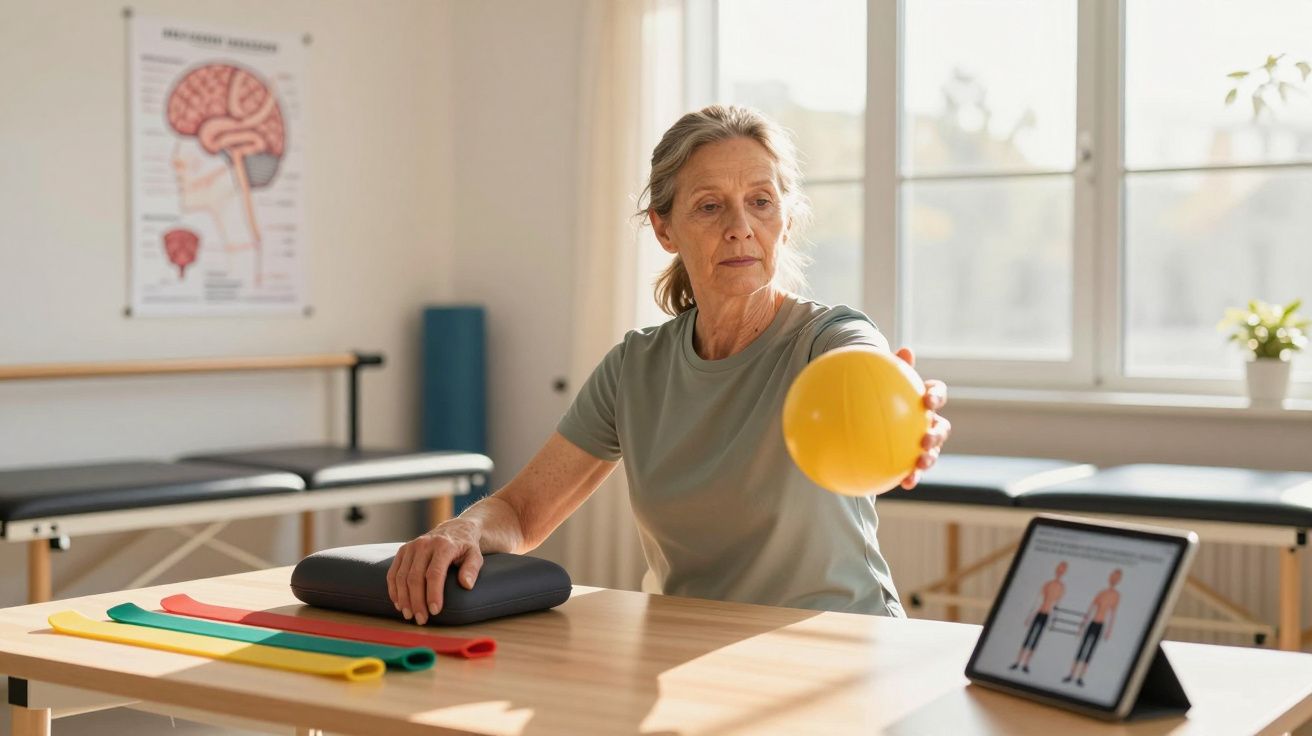 Starsza kobieta ćwiczy rękę z piłką w gabinecie rehabilitacji z tabletami i taśmami treningowymi.