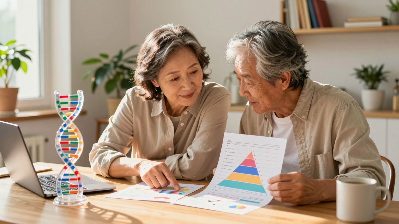 Starsza para analizująca wykresy i dane przy biurku z modelem DNA i laptopem w jasnym pokoju.