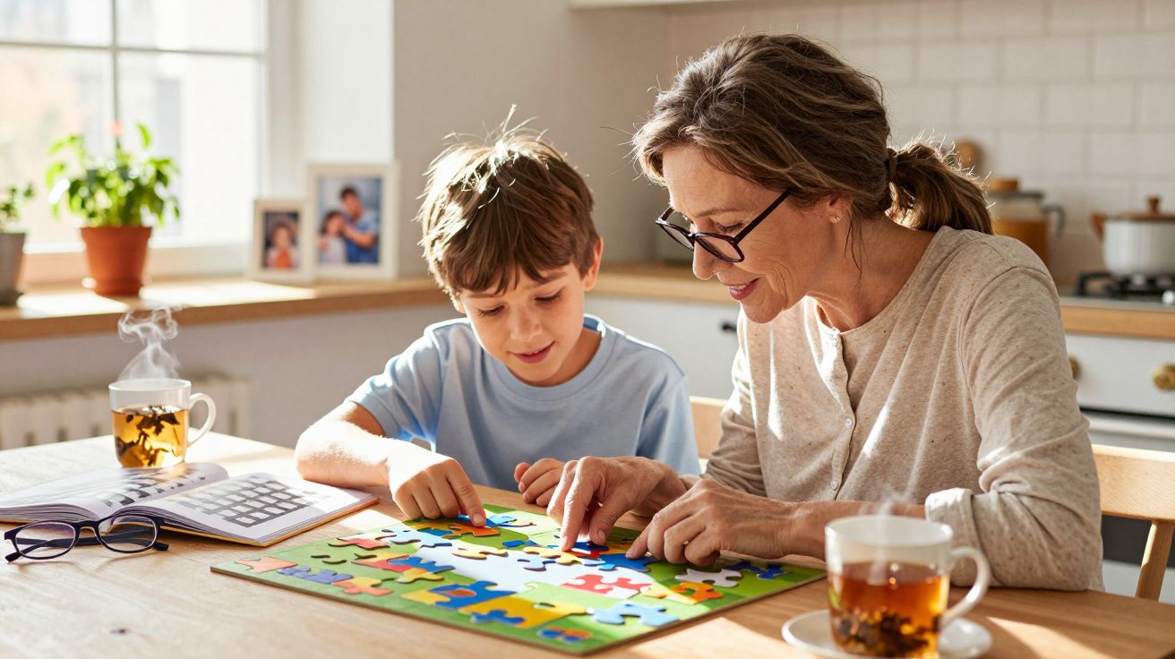 Kobieta i chłopiec układają puzzle przy stole w jasnej kuchni, obok dwie filiżanki z herbatą.