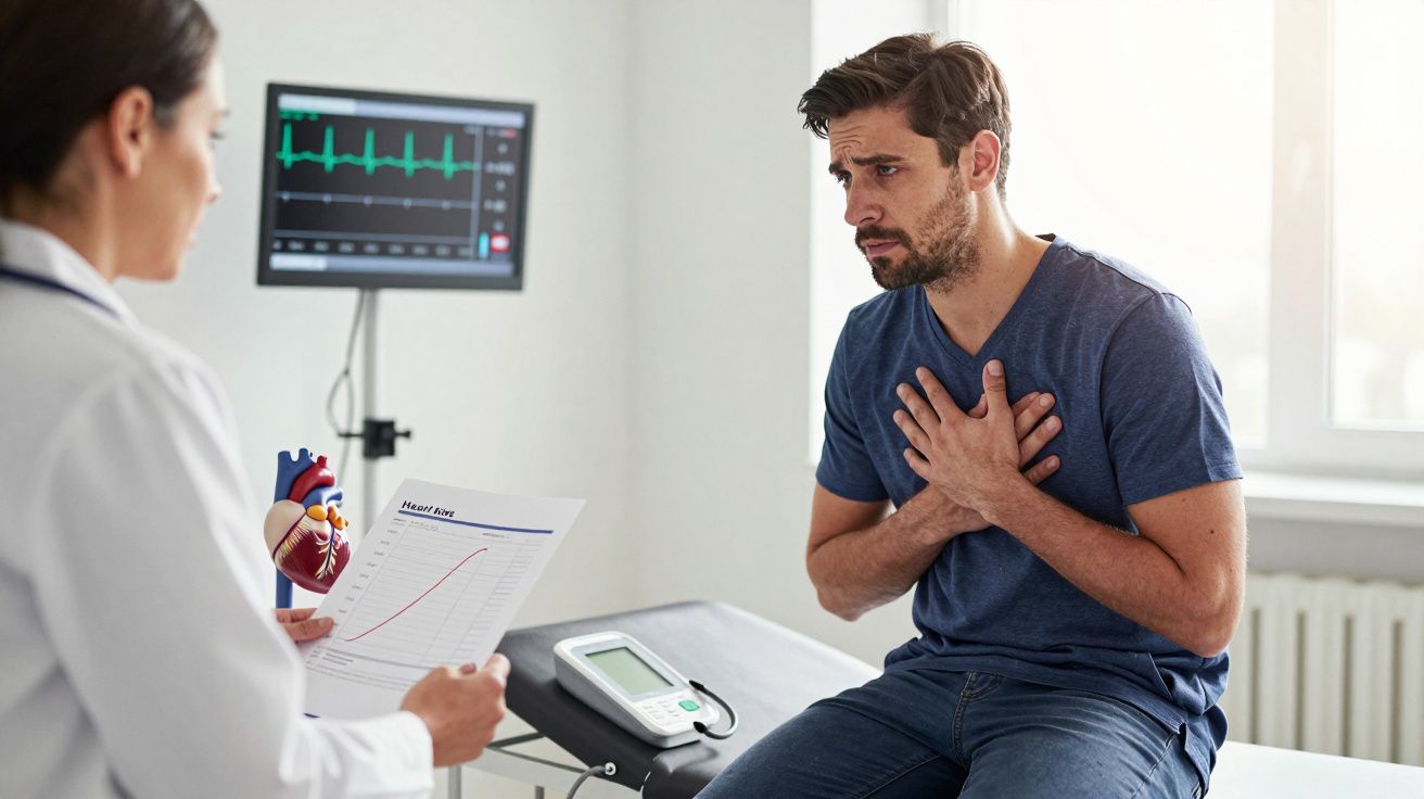 Mężczyzna z bólem w klatce piersiowej konsultuje się z lekarzem na oddziale kardiologicznym.