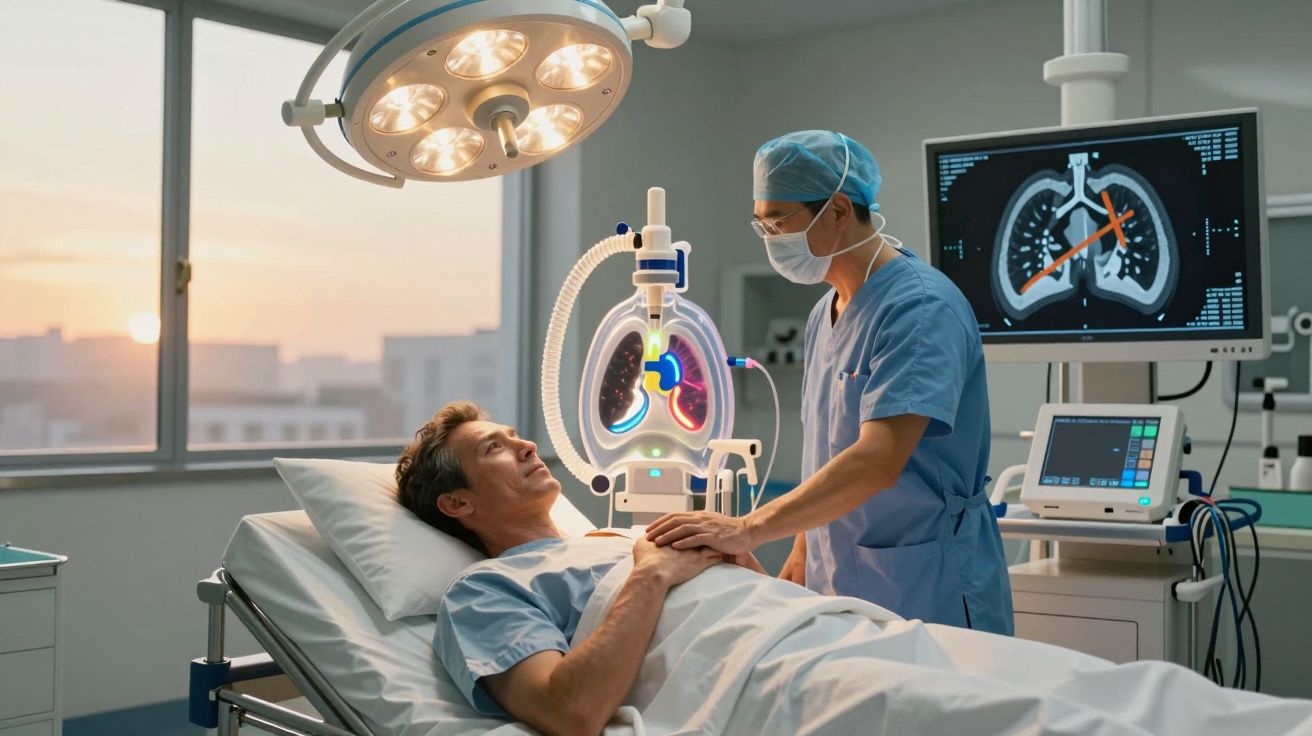Leżący pacjent ogląda lekarza w sali szpitalnej z monitorem płuc w tle podczas zachodu słońca.