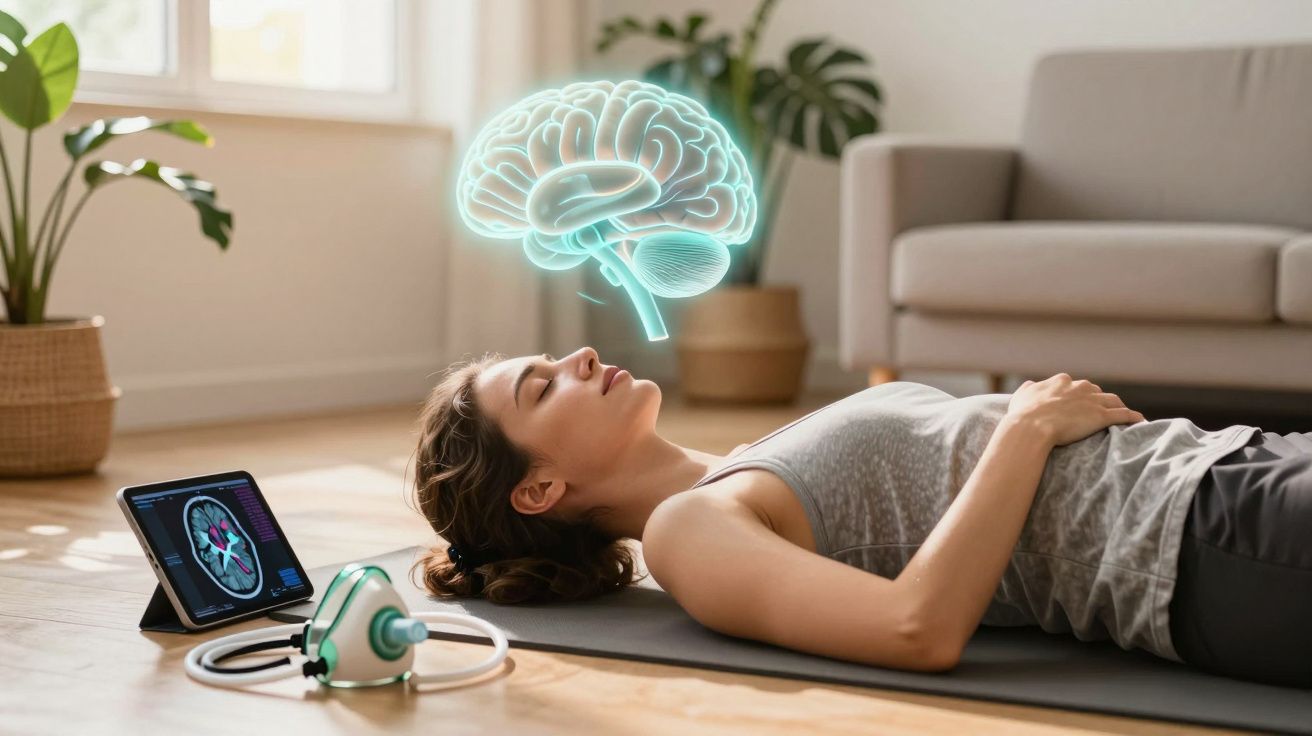 Kobieta leży na macie do ćwiczeń, obok medyczny sprzęt i hologram mózgu nad głową.