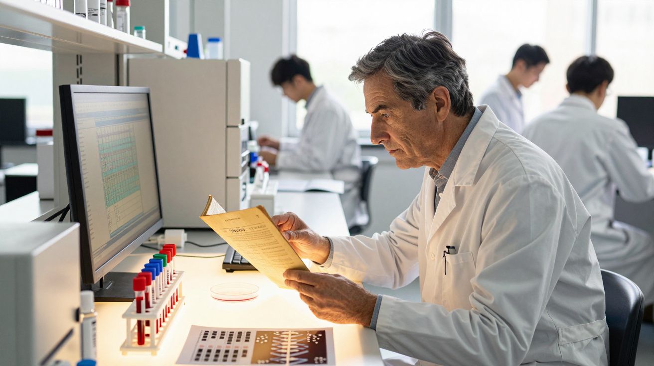 Starszy naukowiec w białym fartuchu przegląda dokumenty w laboratorium z komputerem i próbkami krwi.